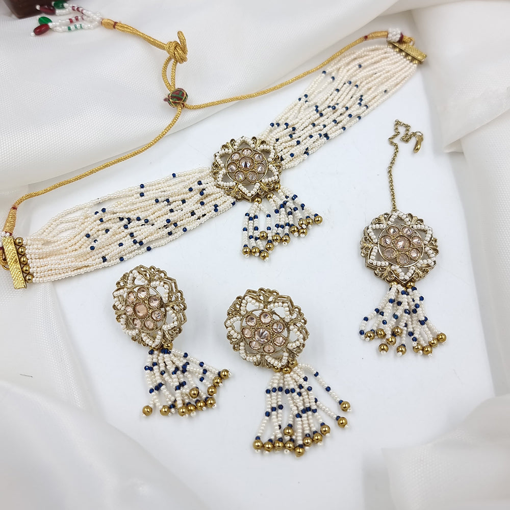 JCM Gold Plated Crystal Stone And Pearls Choker Necklace Set