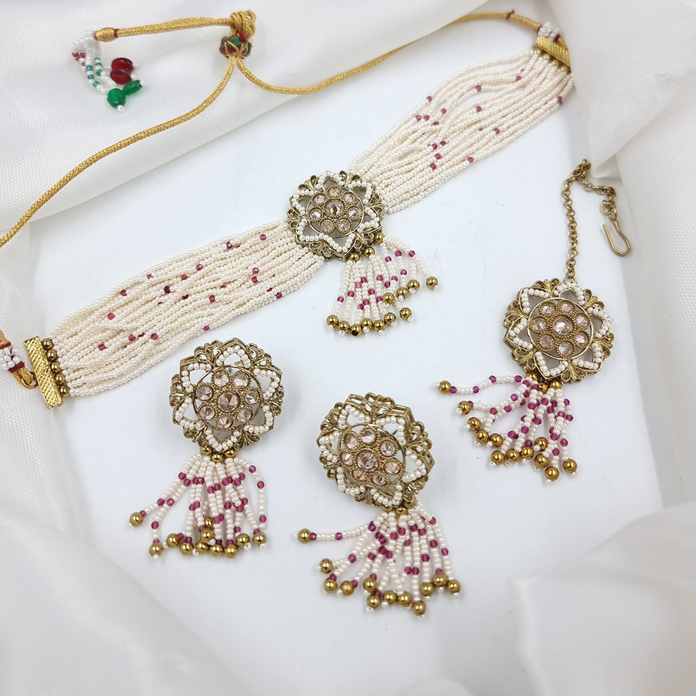 JCM Gold Plated Crystal Stone And Pearls Choker Necklace Set