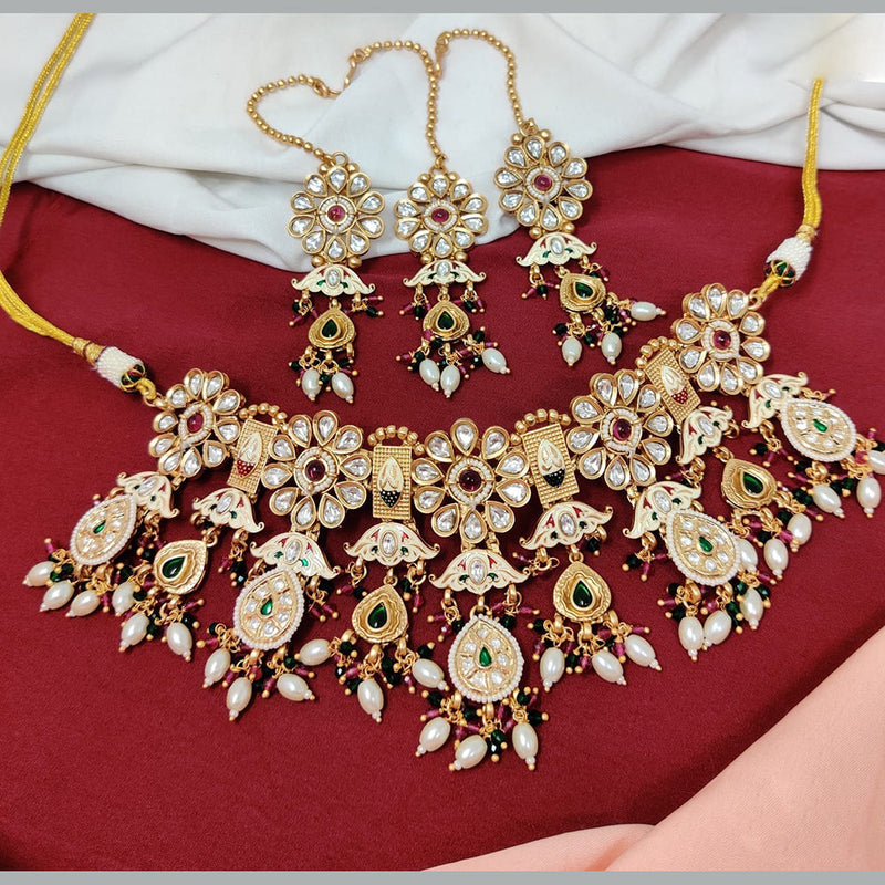 JCM Gold Plated Pota Stone And Meenakari Pearls Necklace Set