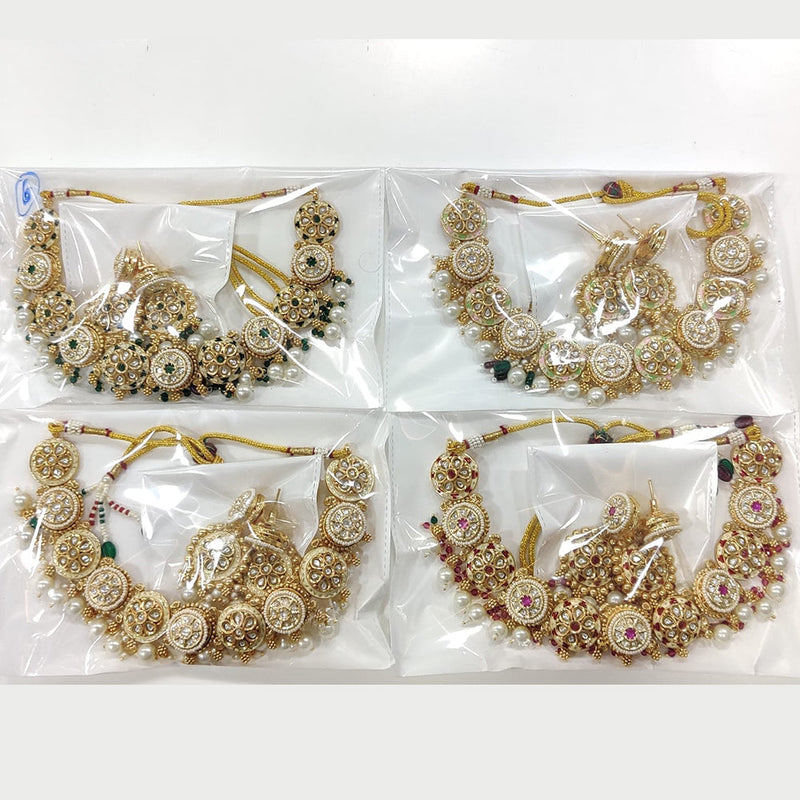 JCM Gold Plated Polki Kundan Stone And Pearls Meenakari Necklace Set