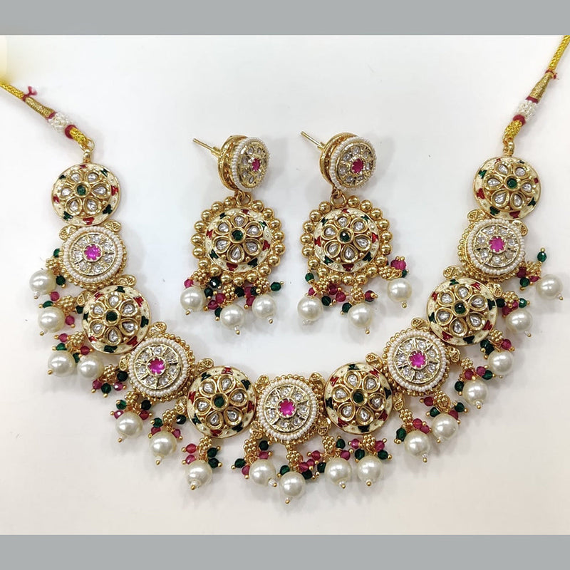 JCM Gold Plated Polki Kundan Stone And Pearls Meenakari Necklace Set