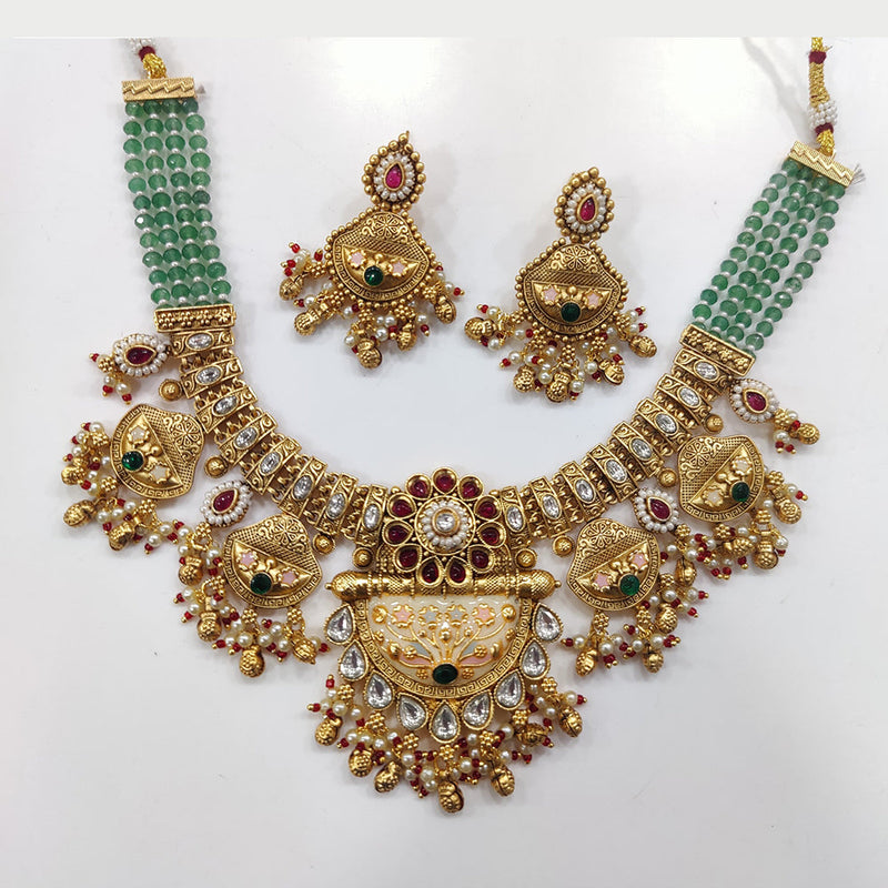 JCM Gold Plated Pota Stone And Meenakari Pearls Necklace Set