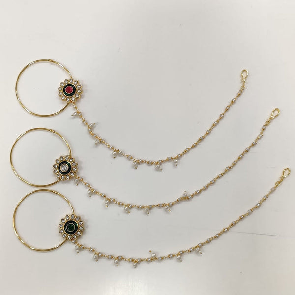 JCM Gold Plated Kundan Stone And Pearls Nose Ring