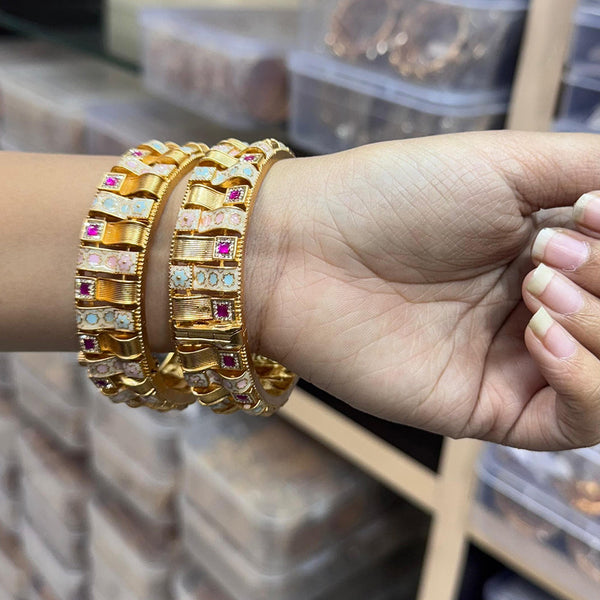 JCM Gold Plated Pota Stone And Meenakari Openable Bangles Set