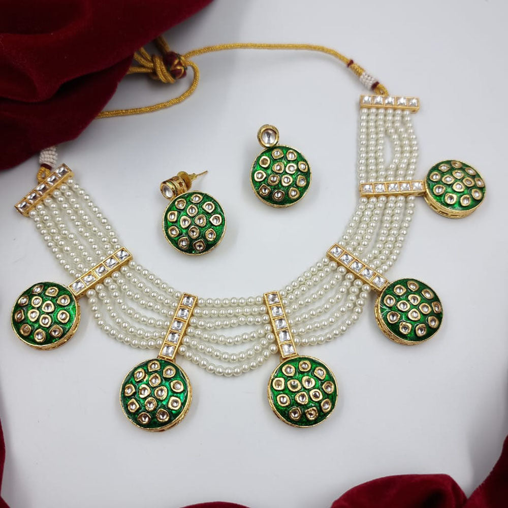 JCM Gold Plated Kundan Stone And Pearls Meenakari Necklace Set