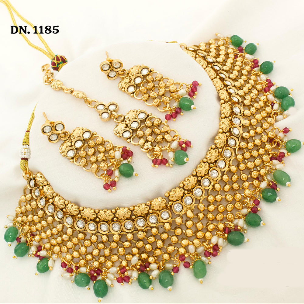 JCM Gold Plated Kundan Stone And Beads Choker Necklace Set