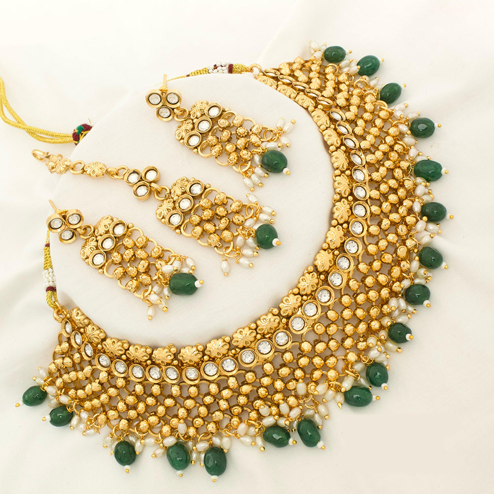 JCM Gold Plated Kundan Stone And Beads Choker Necklace Set