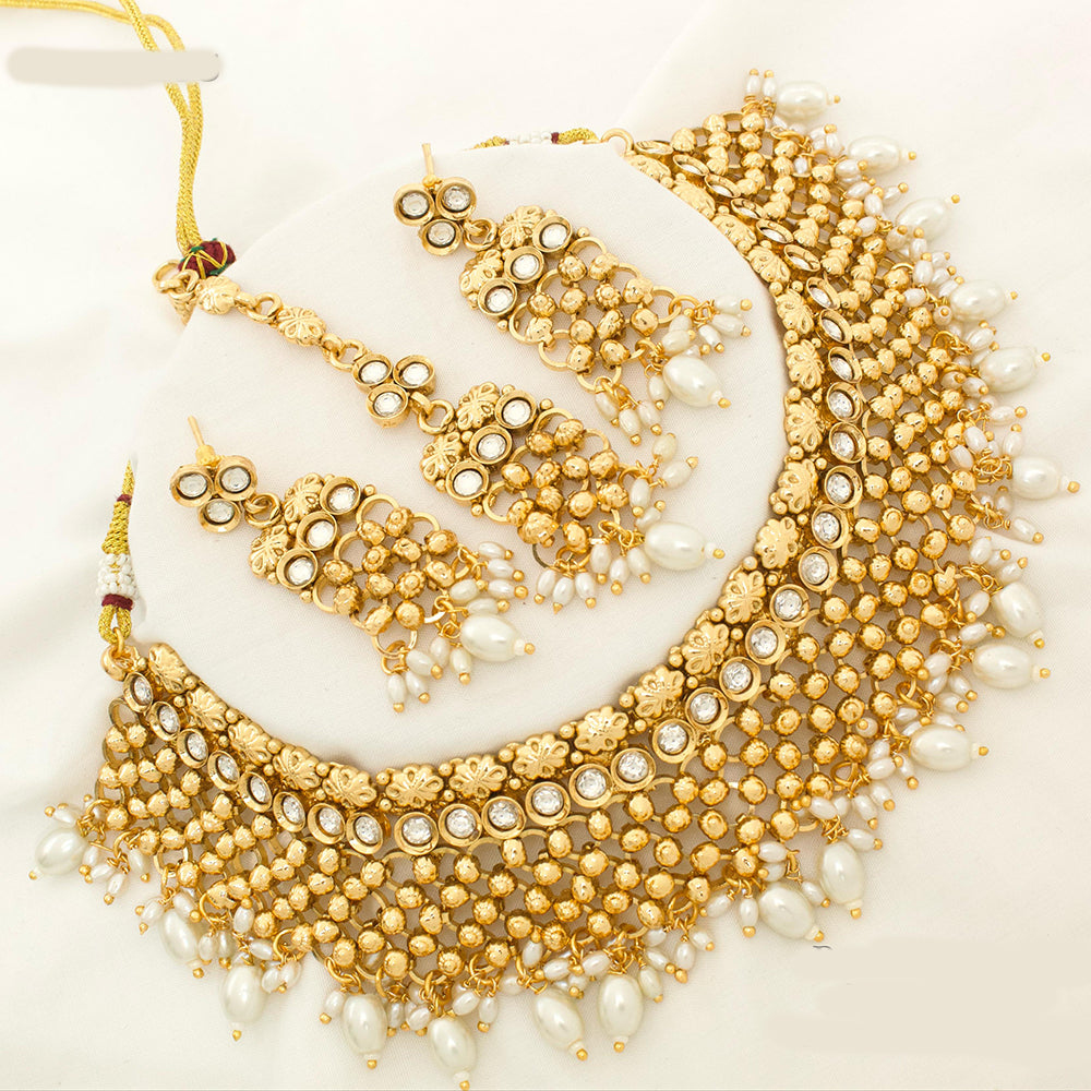 JCM Gold Plated Kundan Stone And Beads Choker Necklace Set