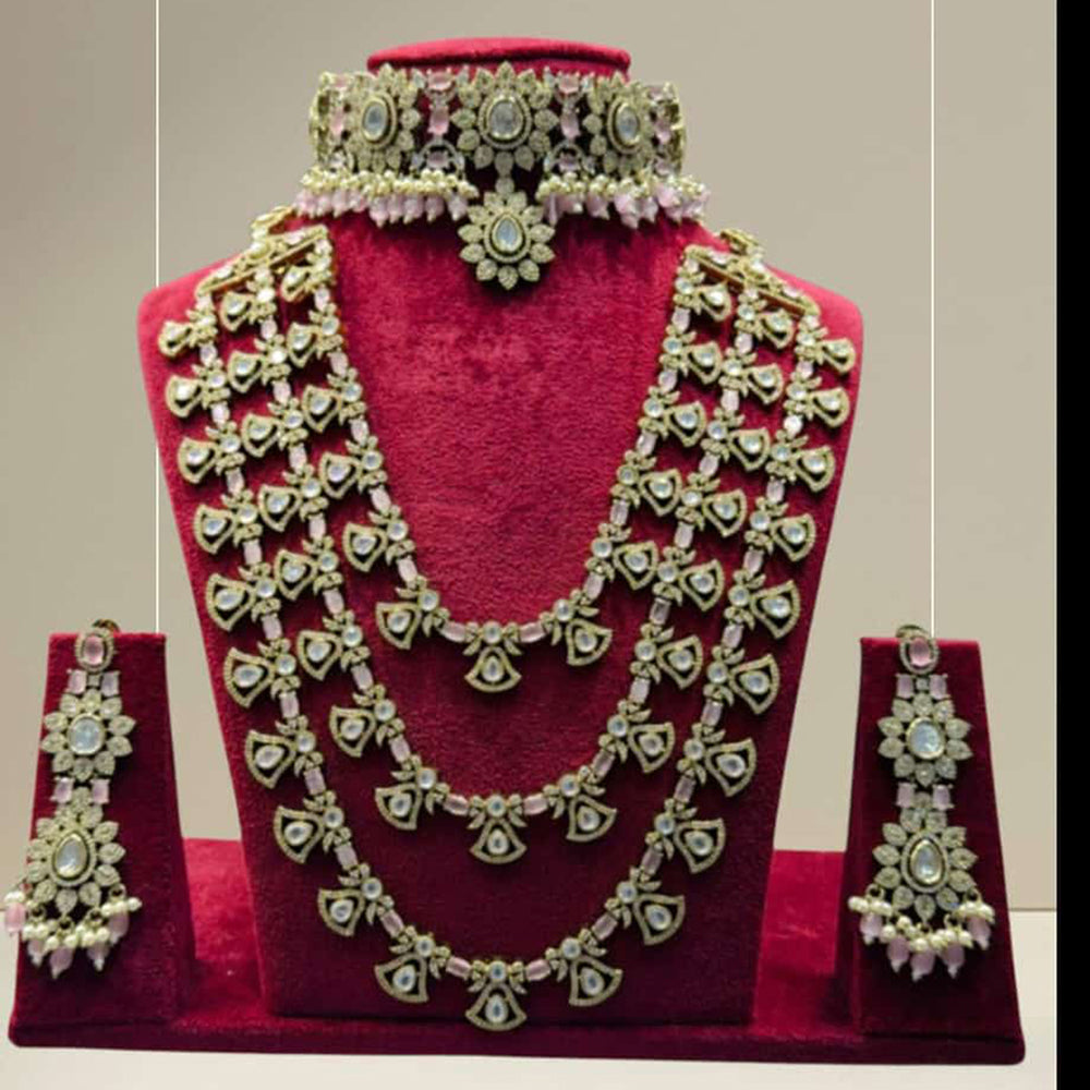 JCM Gold Plated Polki Kundan Stone Double Necklace Set