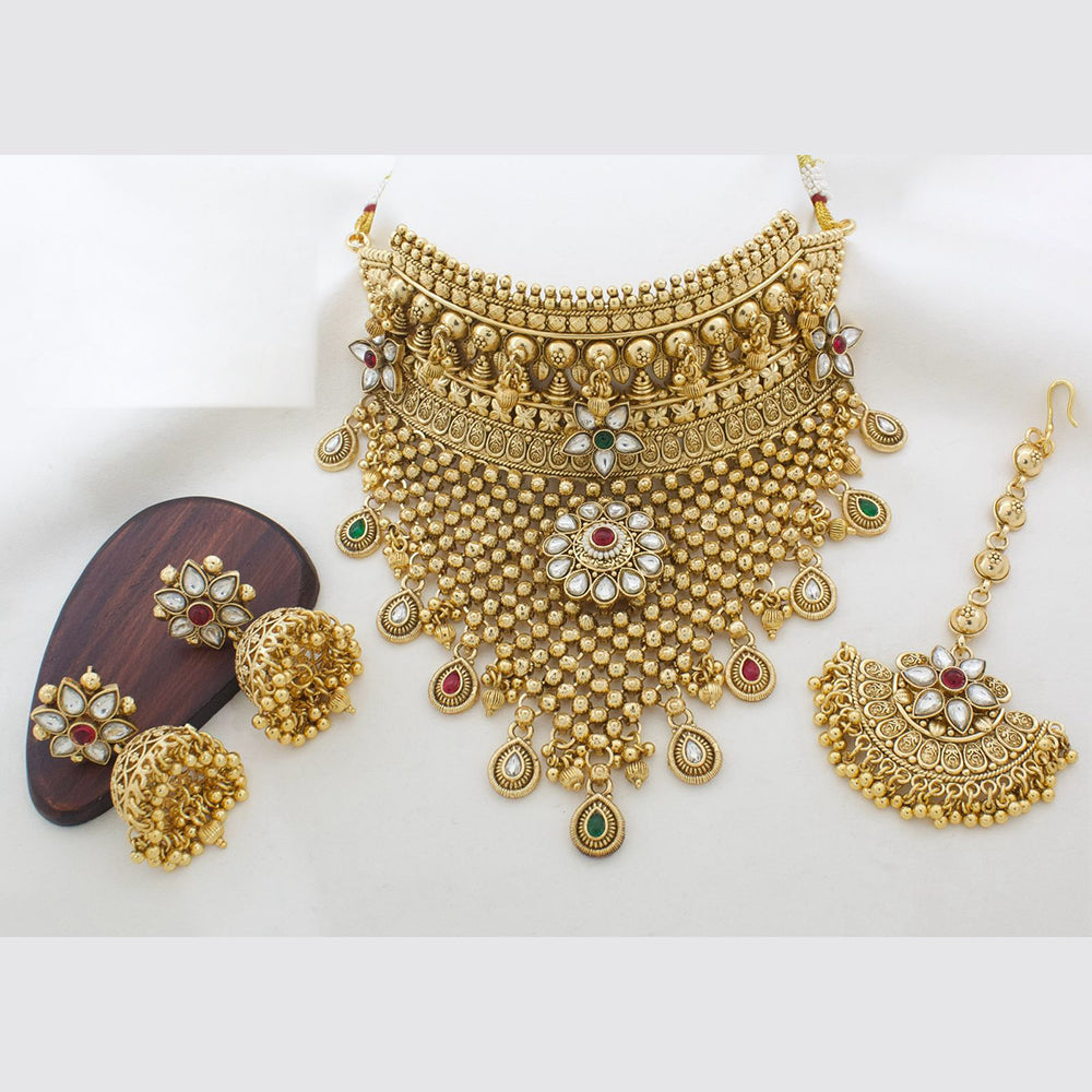 JCM Gold Plated Kundan Stone And Pearls Choker  Necklace Set