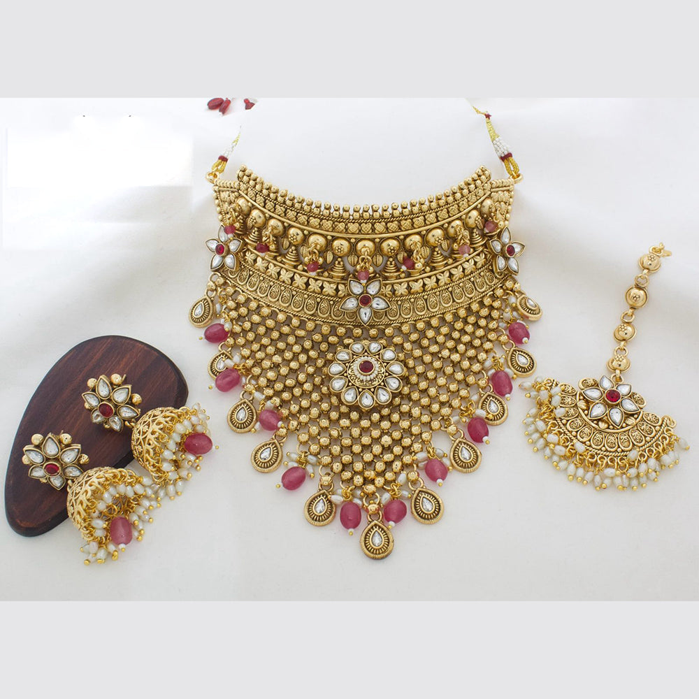 JCM Gold Plated Kundan Stone And Pearls Choker  Necklace Set