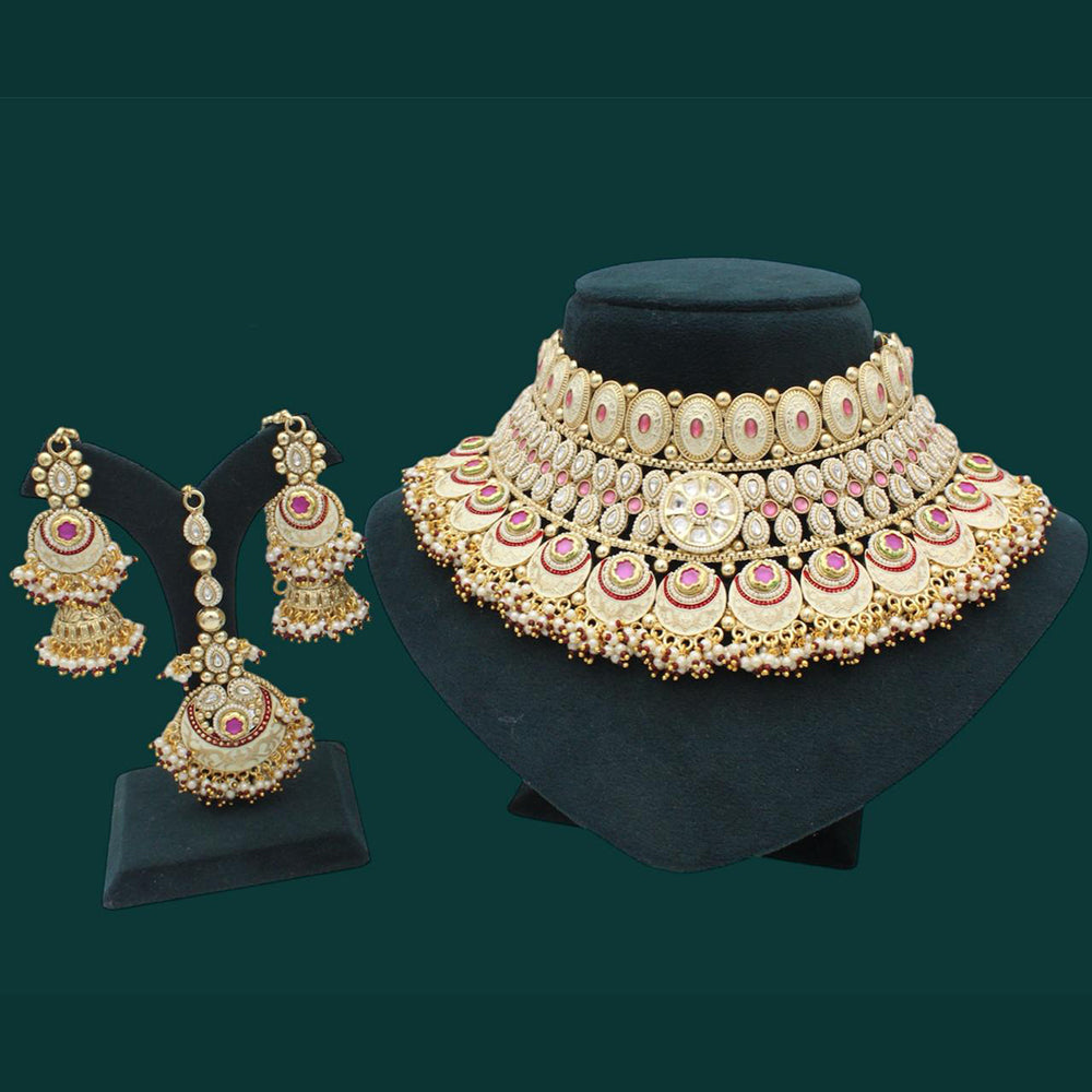 JCM Gold Plated Kundan Stone And Pearls Meenakari Choker  Necklace Set