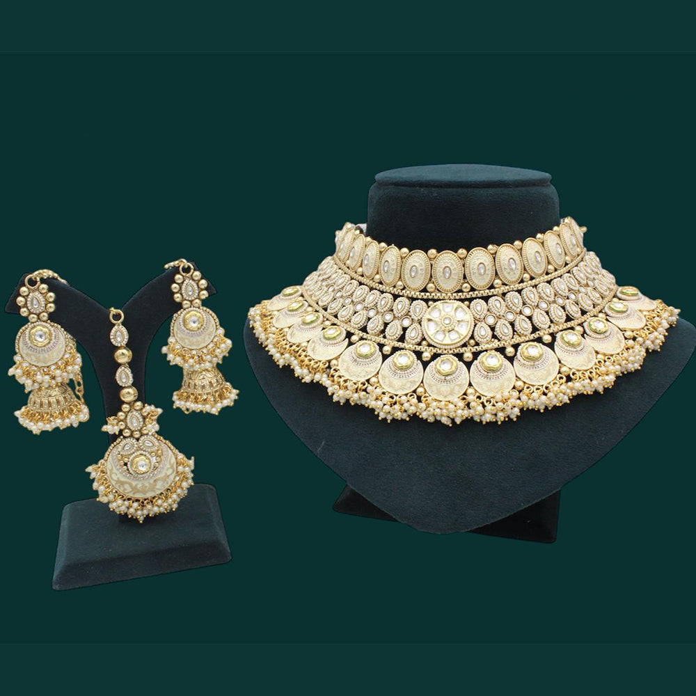 JCM Gold Plated Kundan Stone And Pearls Meenakari Choker  Necklace Set