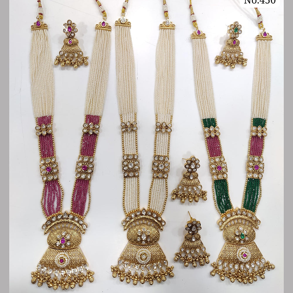 JCM Gold Plated Kundan Stone And Pearls Long Necklace Set