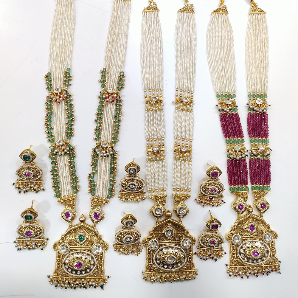JCM Gold Plated Kundan Stone And Pearls Long Necklace Set