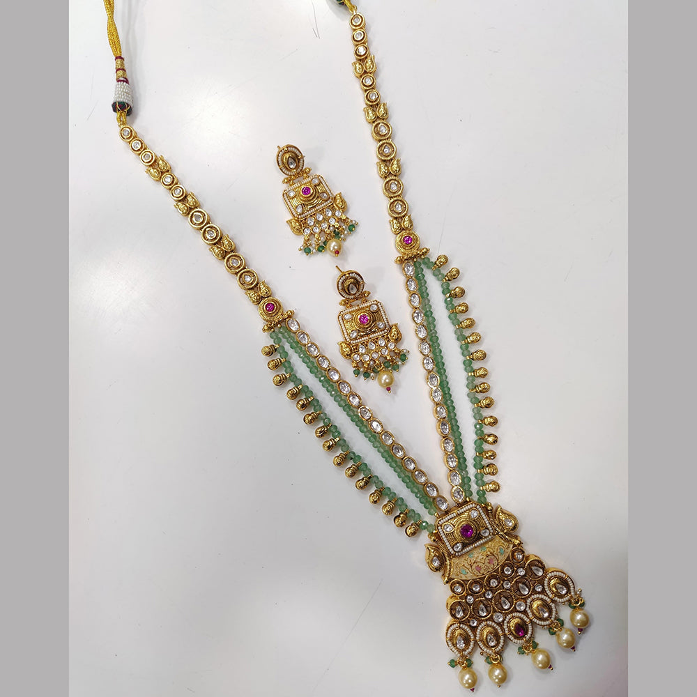 JCM Gold Plated Kundan Stone And Pearls Long Necklace Set