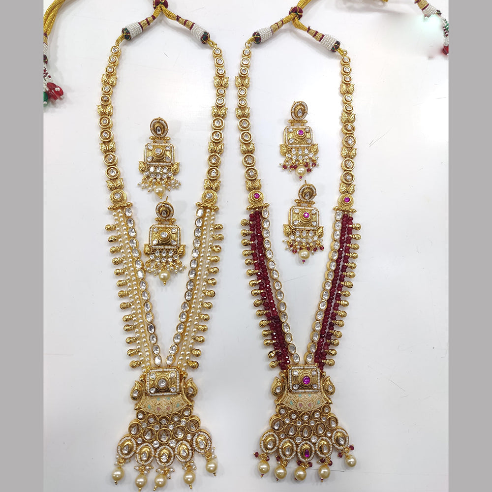 JCM Gold Plated Kundan Stone And Pearls Long Necklace Set