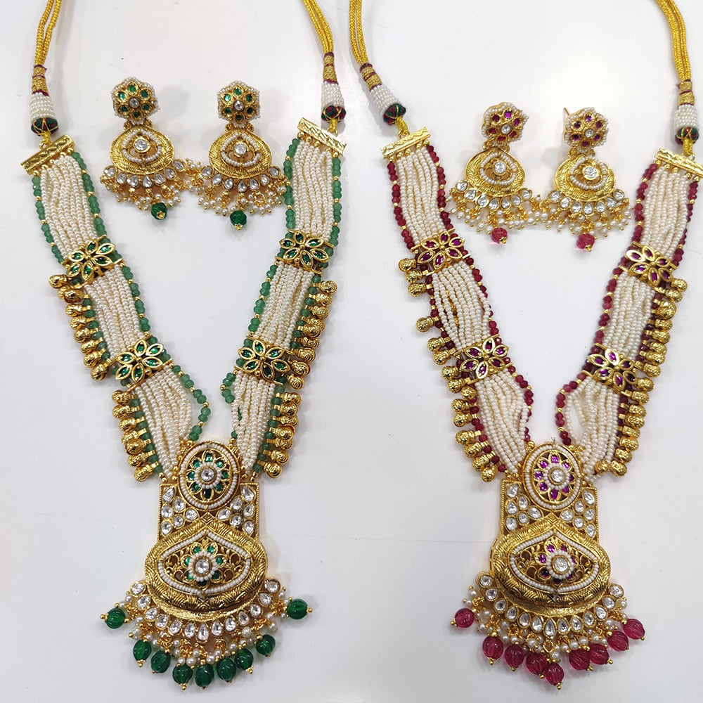 JCM Gold Plated Kundan Stone And Pearls Long Necklace Set