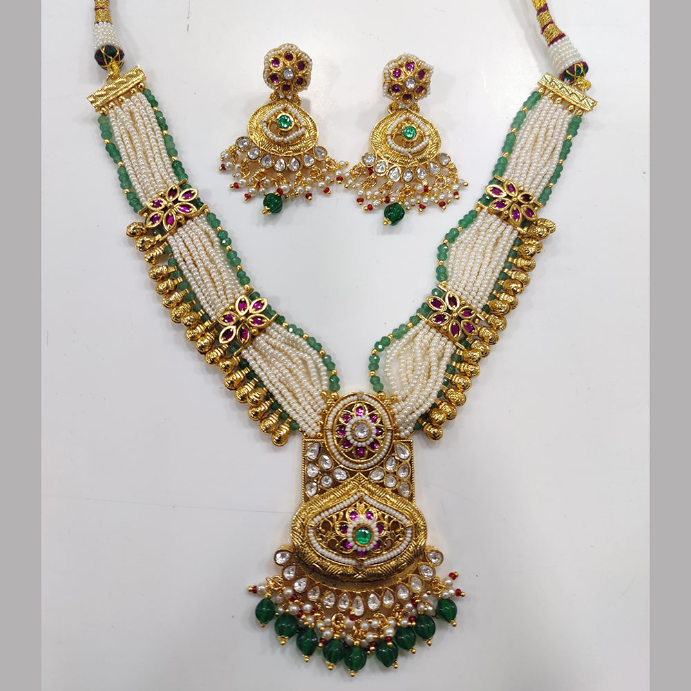 JCM Gold Plated Kundan Stone And Pearls Long Necklace Set