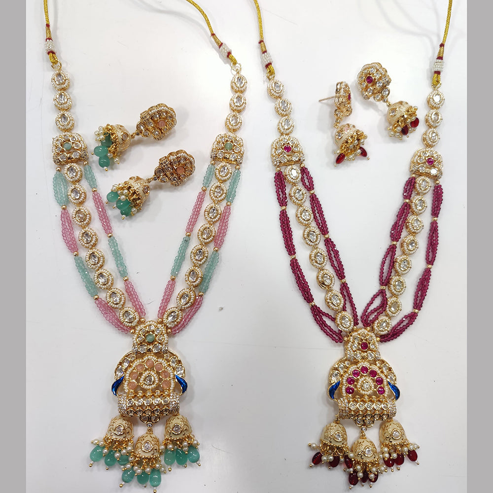 JCM Gold Plated Kundan Stone And Pearls Long Necklace Set