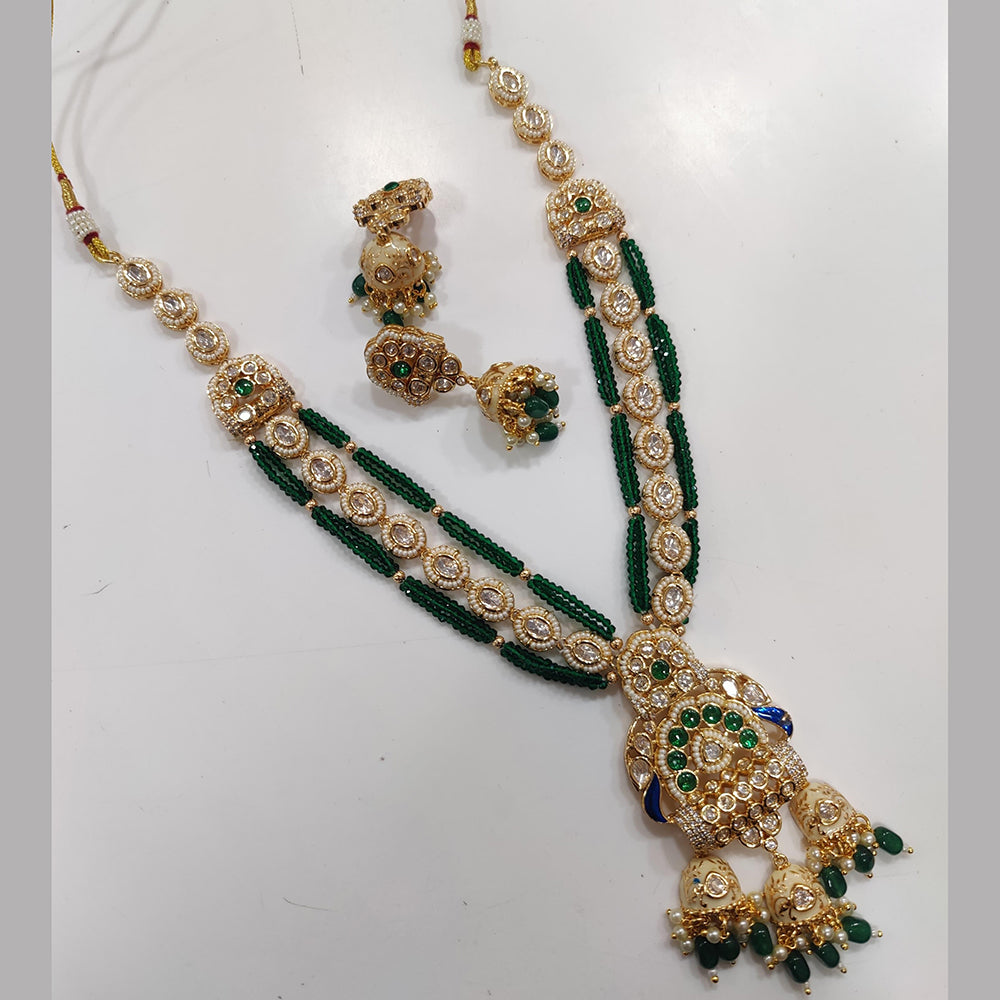 JCM Gold Plated Kundan Stone And Pearls Long Necklace Set
