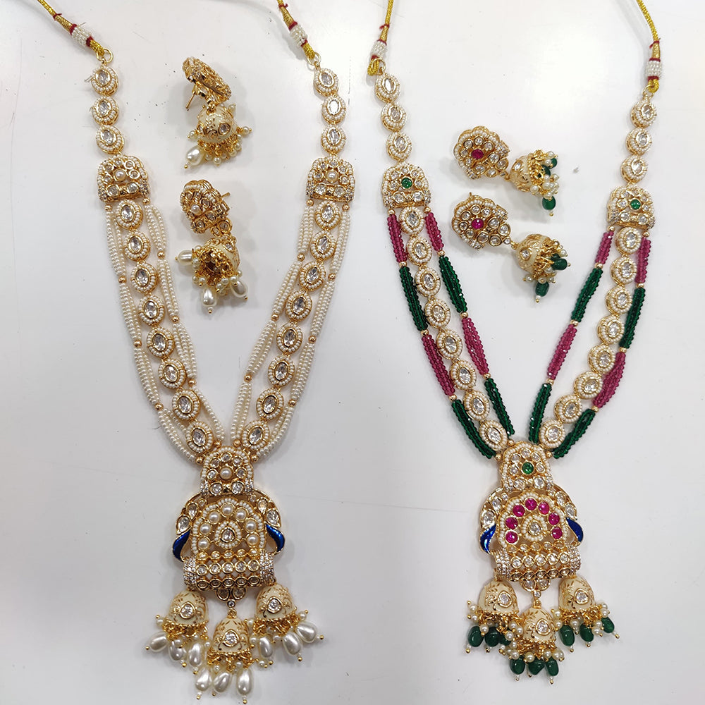 JCM Gold Plated Kundan Stone And Pearls Long Necklace Set