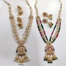 JCM Gold Plated Kundan Stone And Pearls Long Necklace Set