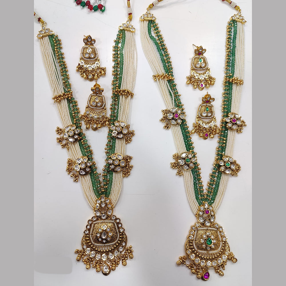 JCM Gold Plated Kundan Stone And Pearls Long Necklace Set