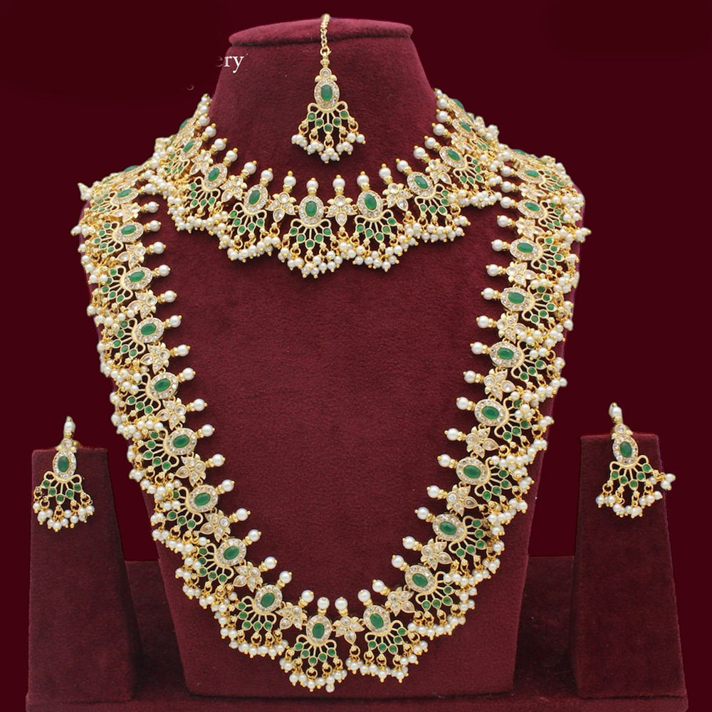 JCM Gold Plated  Pota Stone And Pearls Double Necklace Set