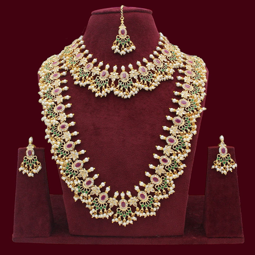 JCM Gold Plated  Pota Stone And Pearls Double Necklace Set