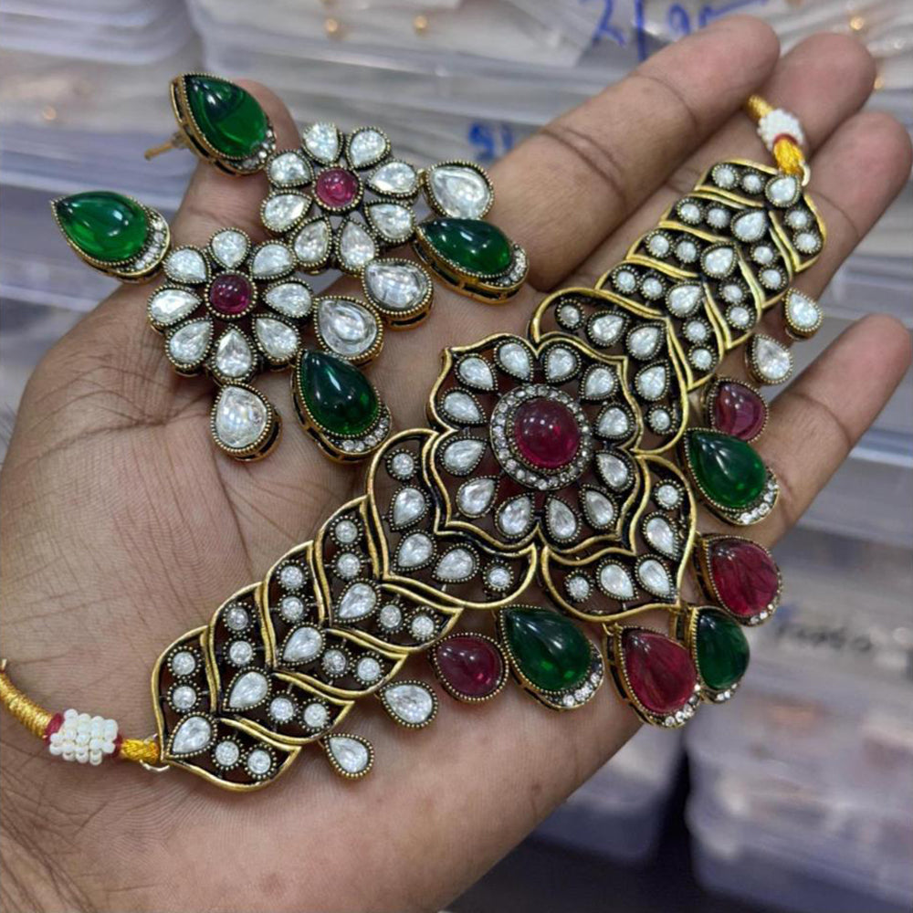 JCM Gold Plated Kundan And Pota Stone Necklace Set