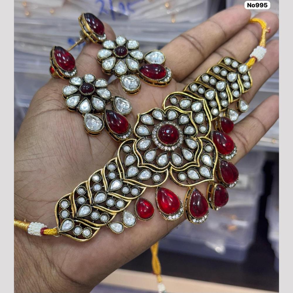 JCM Gold Plated Kundan And Pota Stone Necklace Set