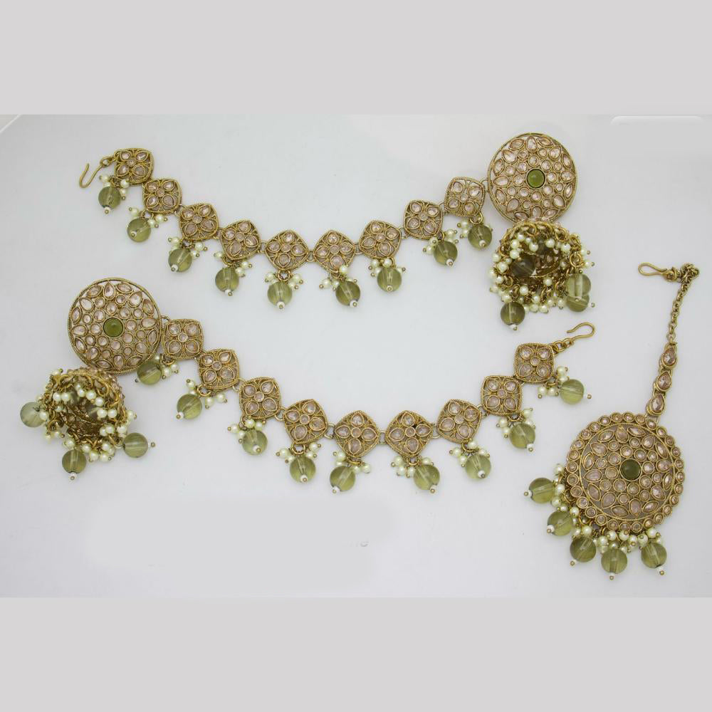 JCM Gold Plated Crystal Stone And Beads Jhumki With Maangtikka