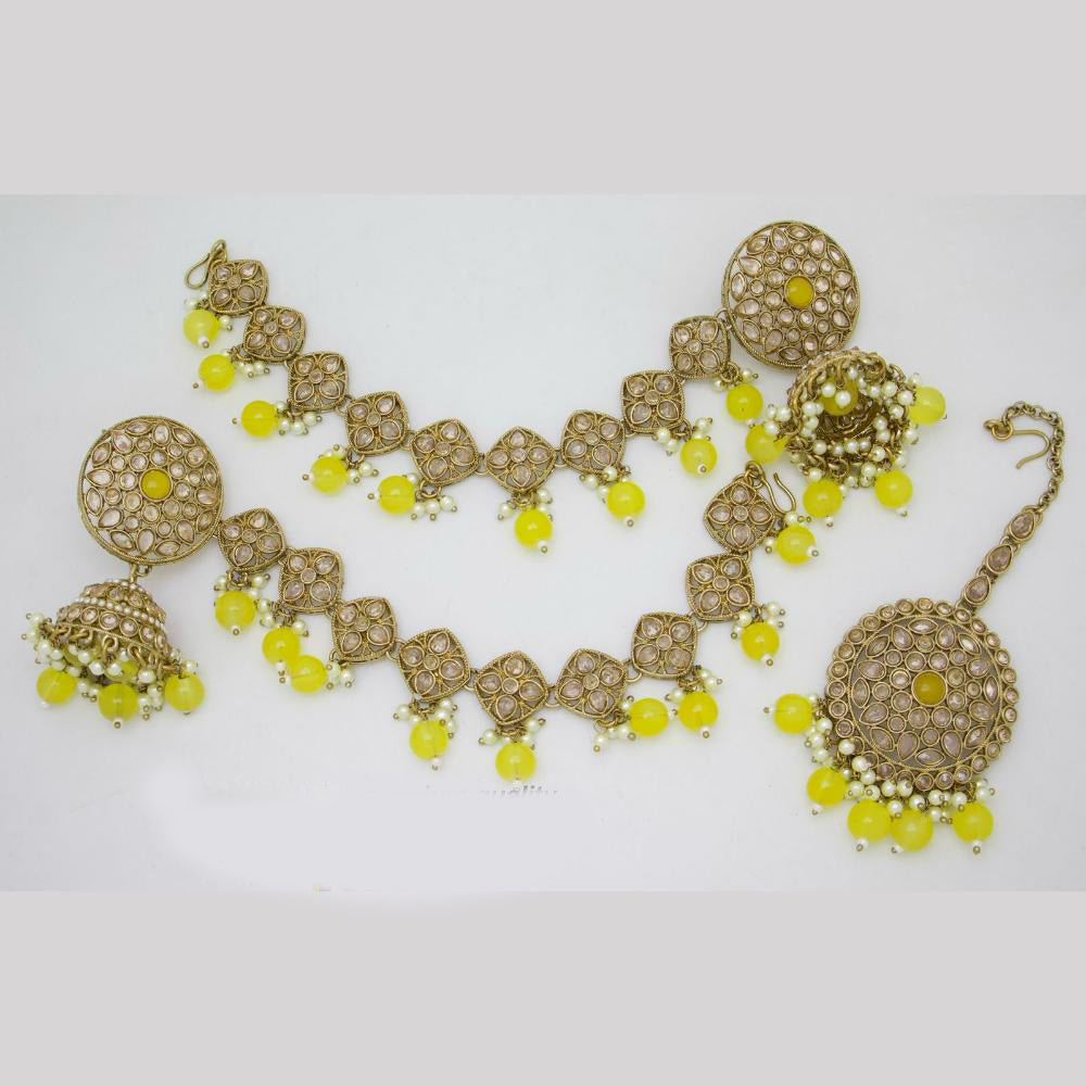 JCM Gold Plated Crystal Stone And Beads Jhumki With Maangtikka