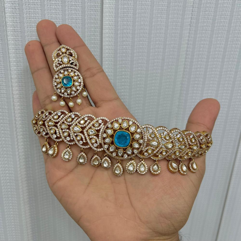 JCM Gold Plated Polki Kundan Stone Choker Necklace Set