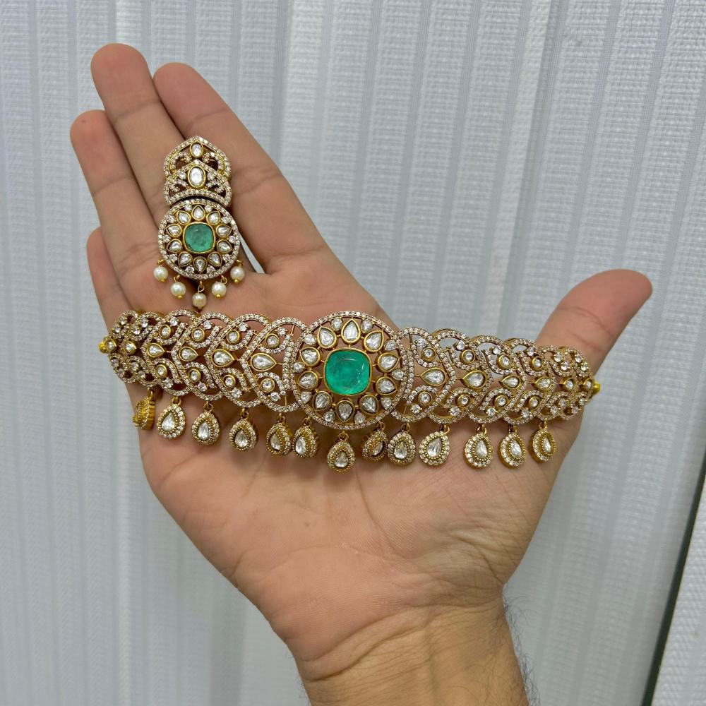 JCM Gold Plated Polki Kundan Stone Choker Necklace Set