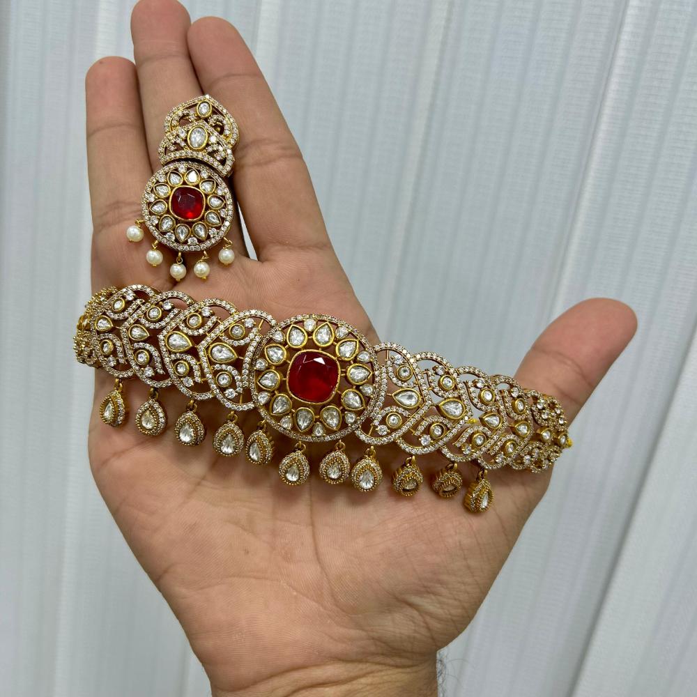 JCM Gold Plated Polki Kundan Stone Choker Necklace Set
