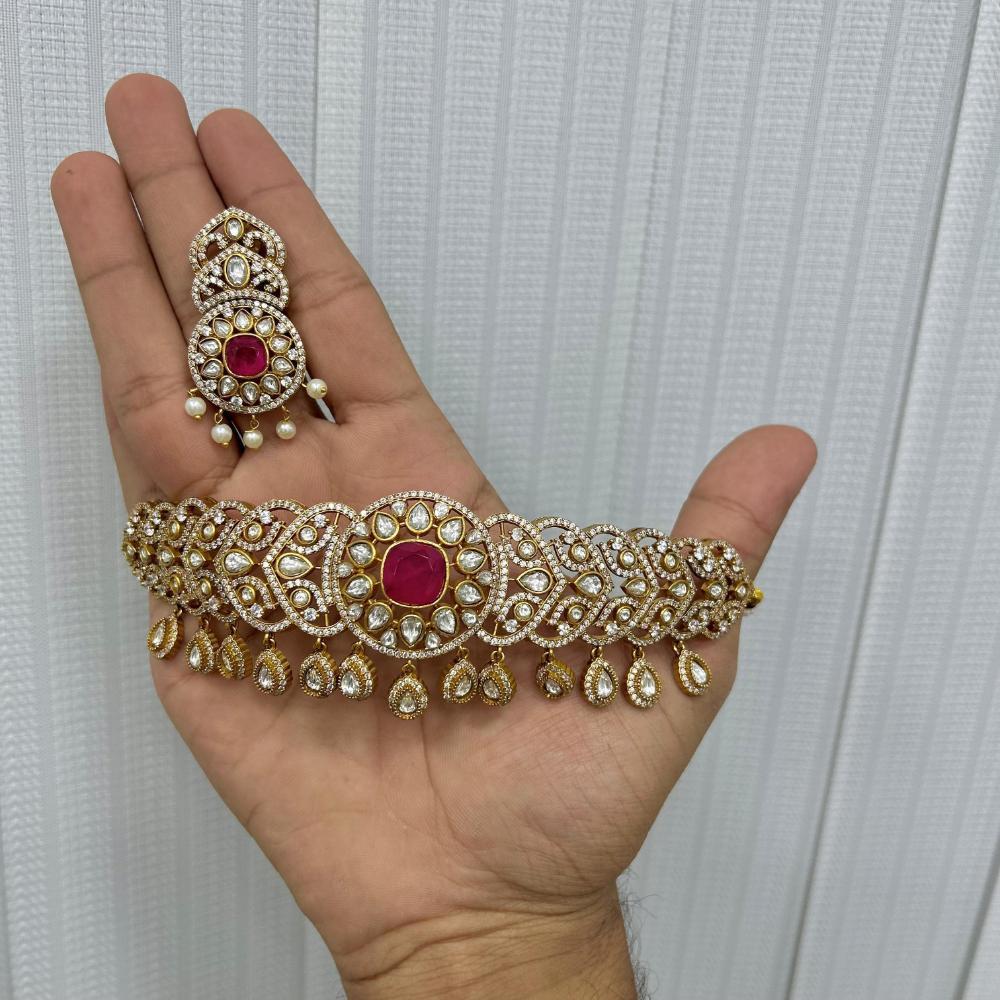JCM Gold Plated Polki Kundan Stone Choker Necklace Set