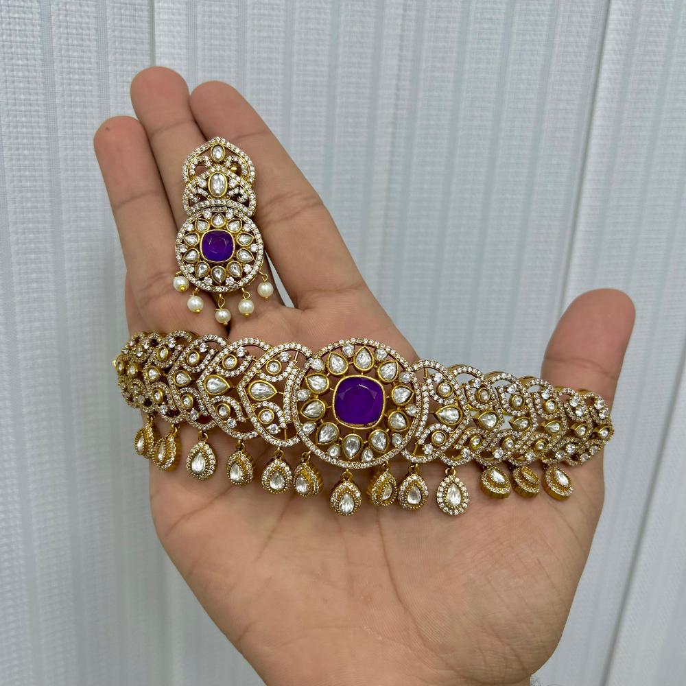 JCM Gold Plated Polki Kundan Stone Choker Necklace Set