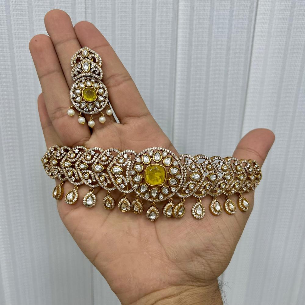 JCM Gold Plated Polki Kundan Stone Choker Necklace Set