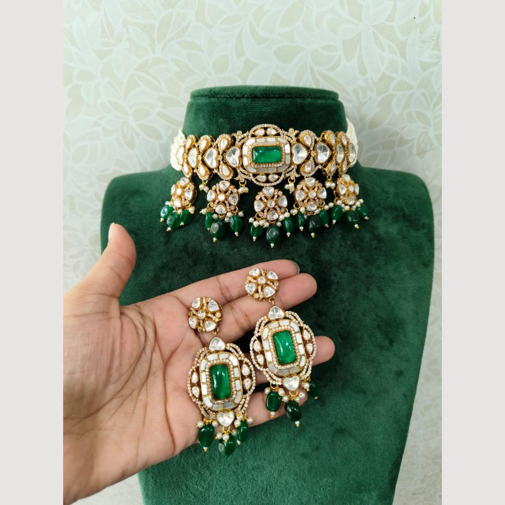 JCM Gold Plated Polki Kundan And Beads Choker Necklace Set