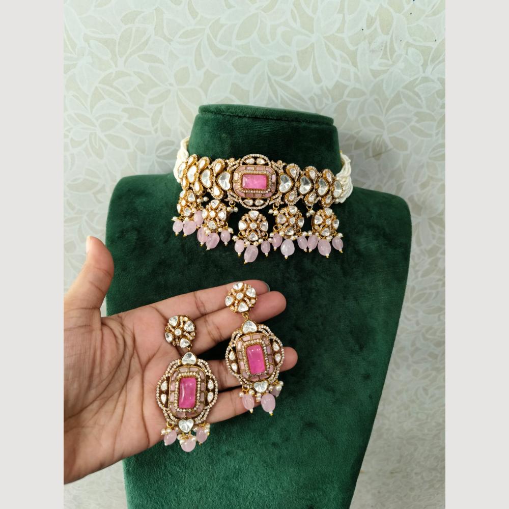 JCM Gold Plated Polki Kundan And Beads Choker Necklace Set