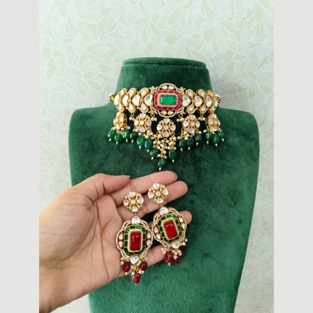 JCM Gold Plated Polki Kundan And Beads Choker Necklace Set