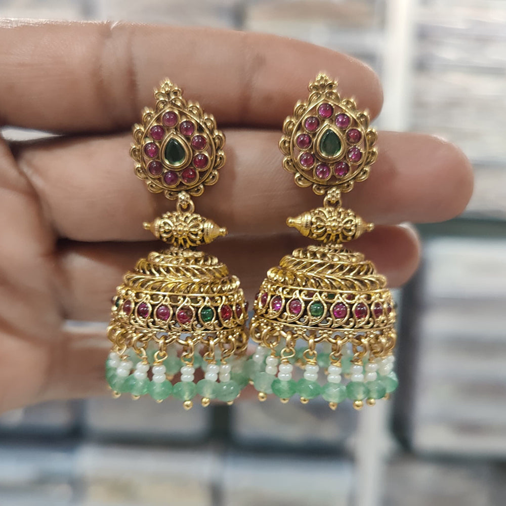 JCM Gold Plated Pota Stone And Beads Jhumki Earrings