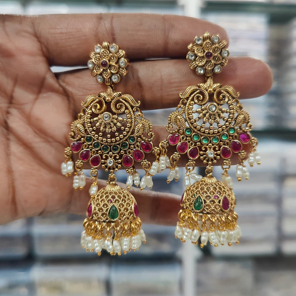 JCM Gold Plated Pota Stone And Beads Jhumki Earrings