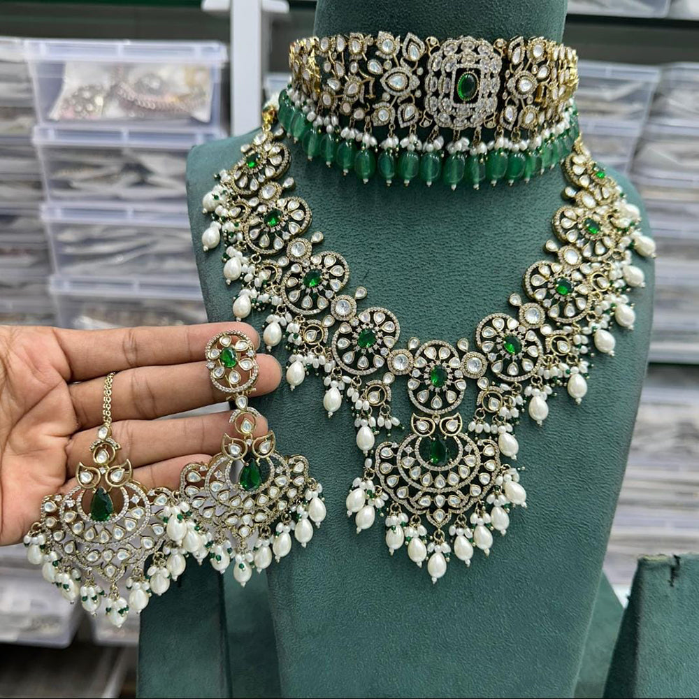 JCM Gold Plated Polki Kundan Stone Double Necklace Set