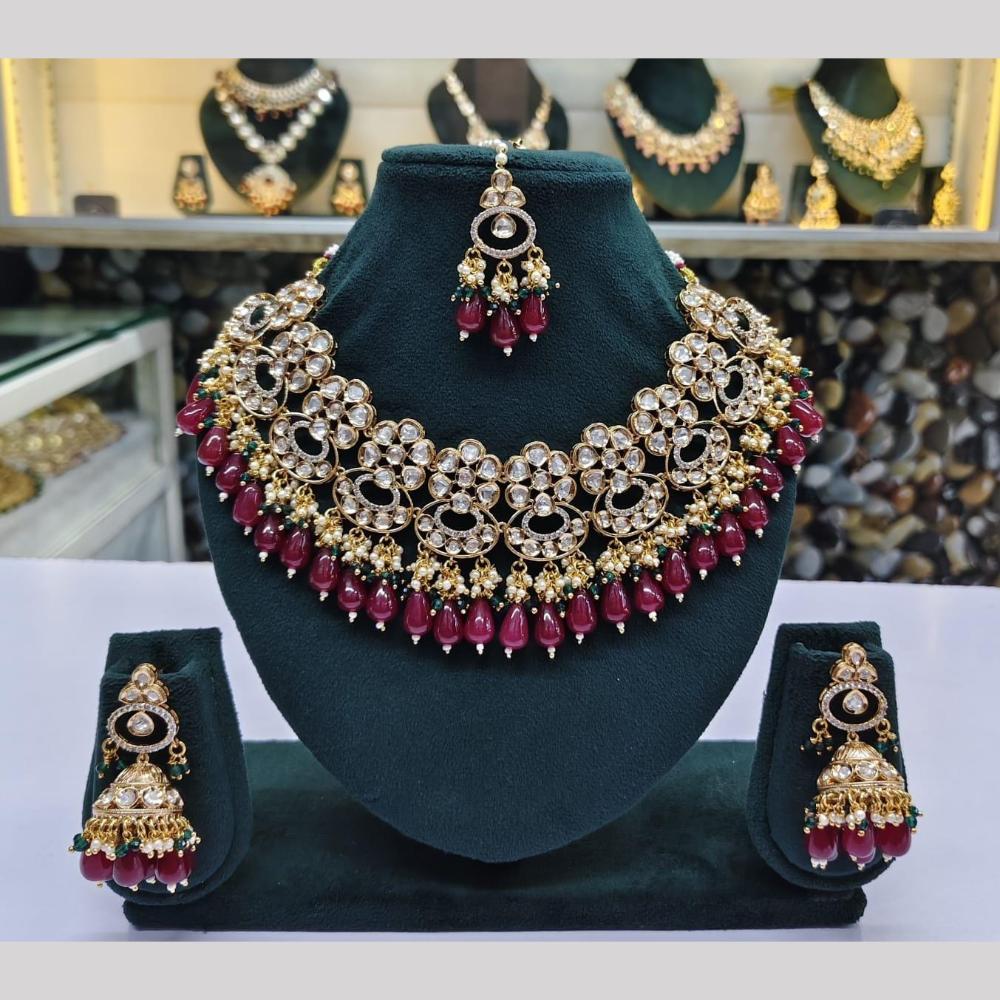 JCM Gold Plated Polki Kundan Pearl And Beads Necklace Set