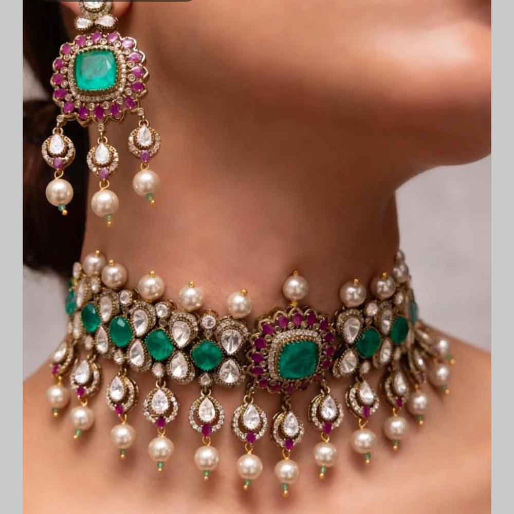 JCM Polki Kundan And Beads Choker Necklace Set