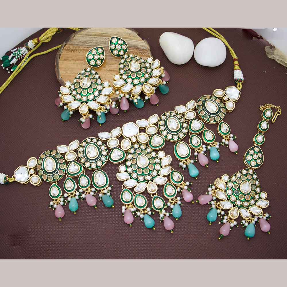 JCM Polki Kundan Stone And Beads Meenakari Choker Necklace Set