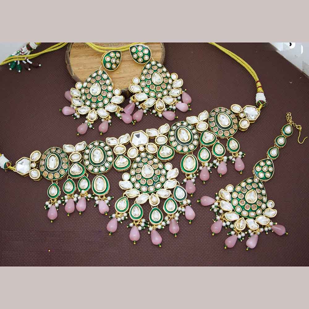 JCM Polki Kundan Stone And Beads Meenakari Choker Necklace Set